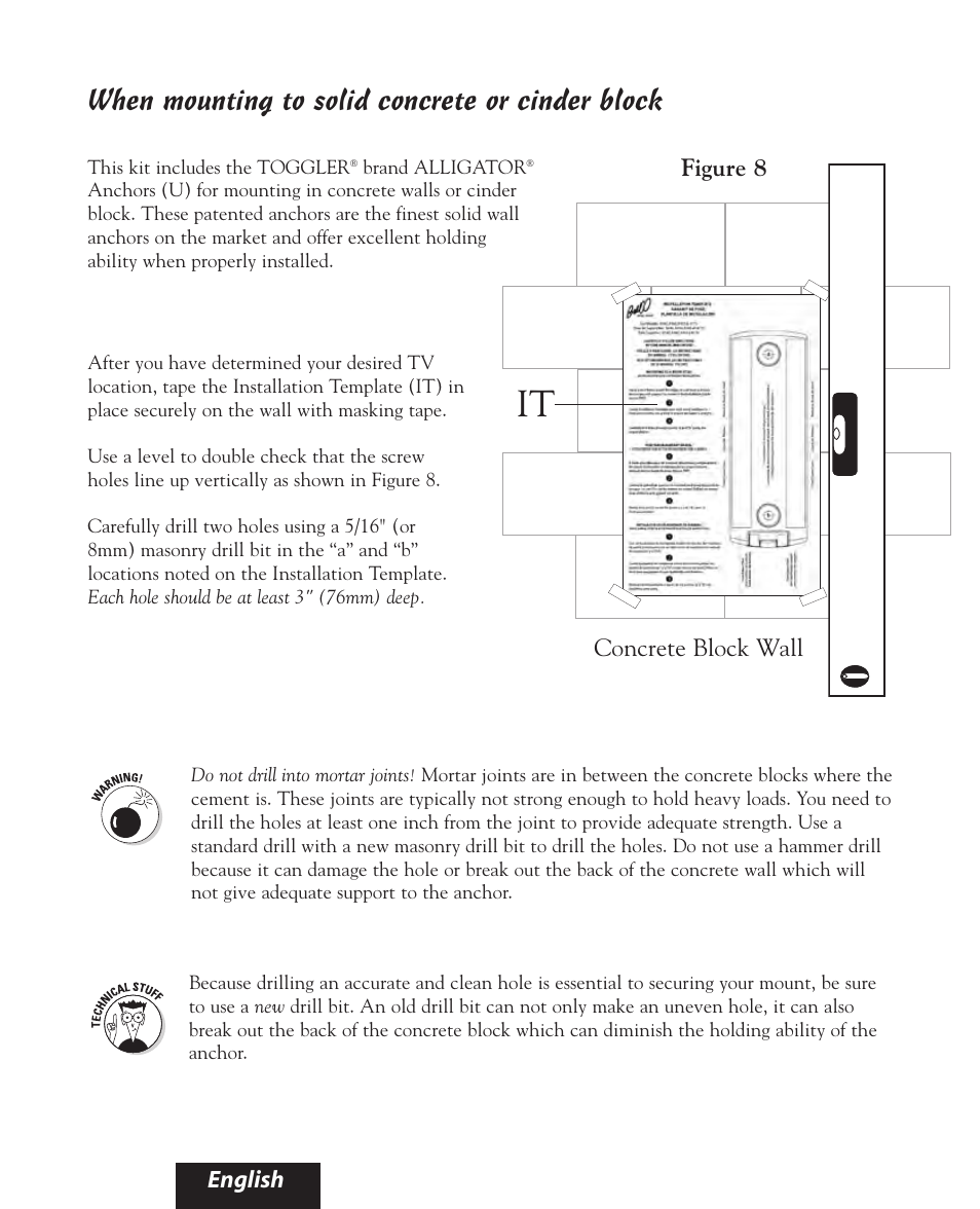 When mounting to solid concrete or cinder block, Figure 8, Concrete block wall english | Bell'O 8160 User Manual | Page 13 / 21