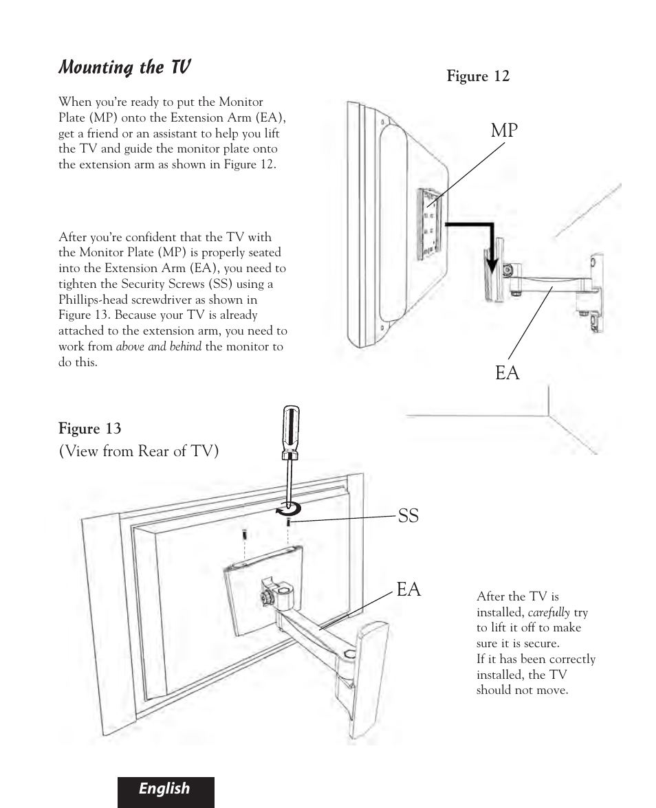 Ea mp mounting the tv, Ss ea | Bell'O 8160 User Manual | Page 16 / 21