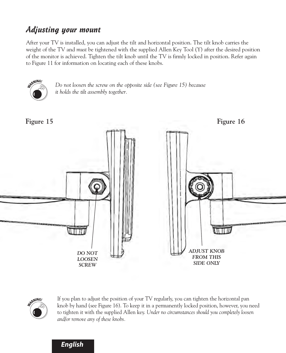 Adjusting your mount, Figure 15 figure 16 english | Bell'O 8160 User Manual | Page 18 / 21