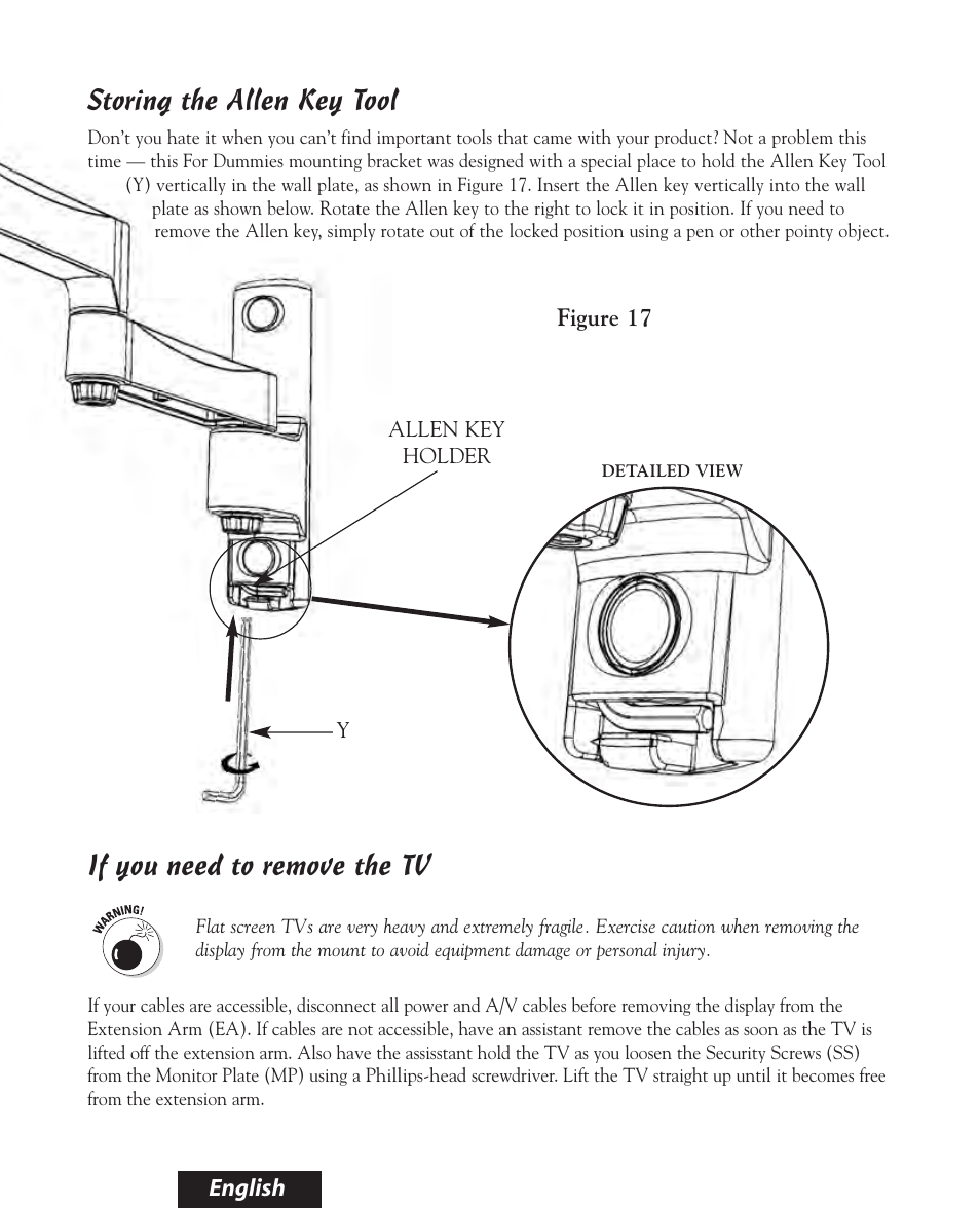 If you need to remove the tv, Storing the allen key tool | Bell'O 8160 User Manual | Page 19 / 21