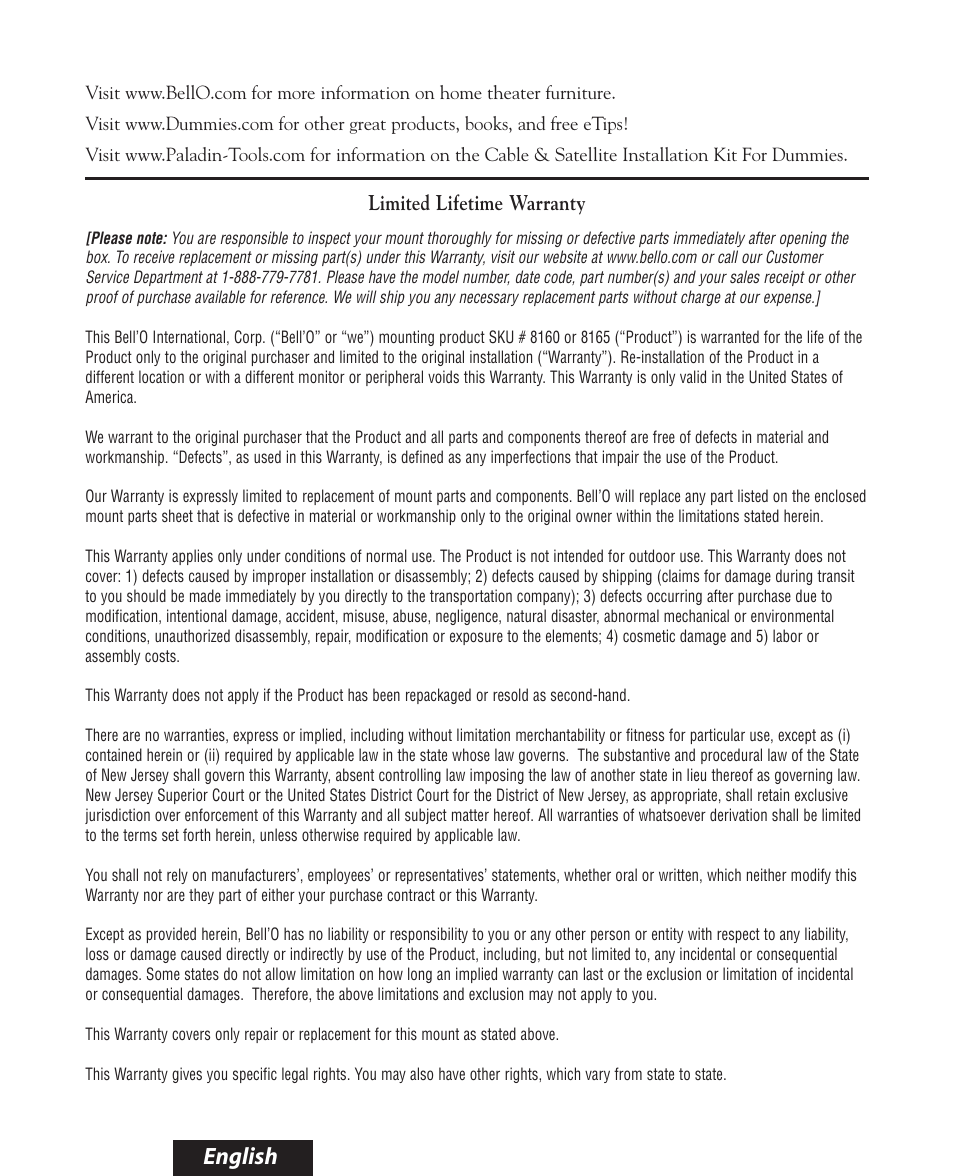 English, Limited lifetime warranty | Bell'O 8160 User Manual | Page 20 / 21