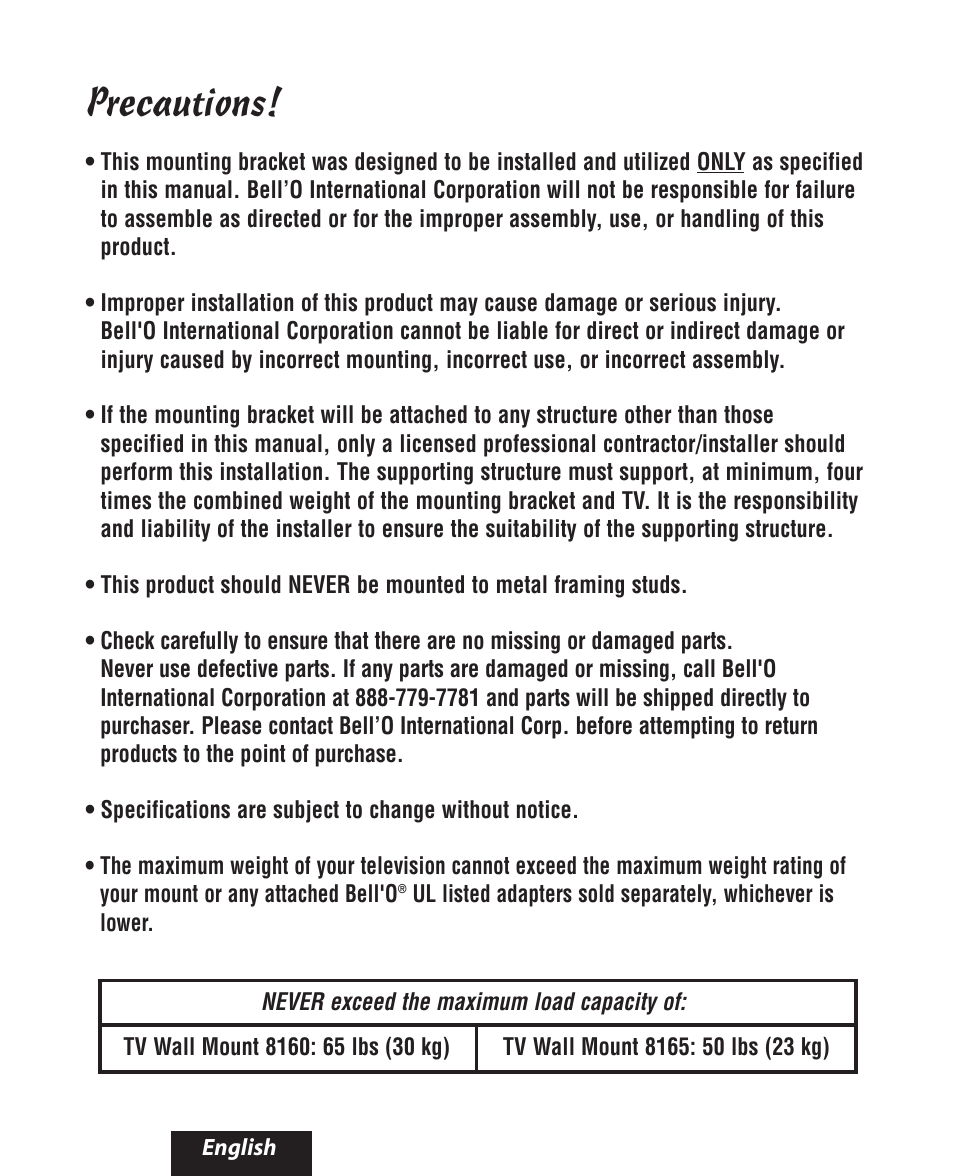 Precautions | Bell'O 8160 User Manual | Page 3 / 21