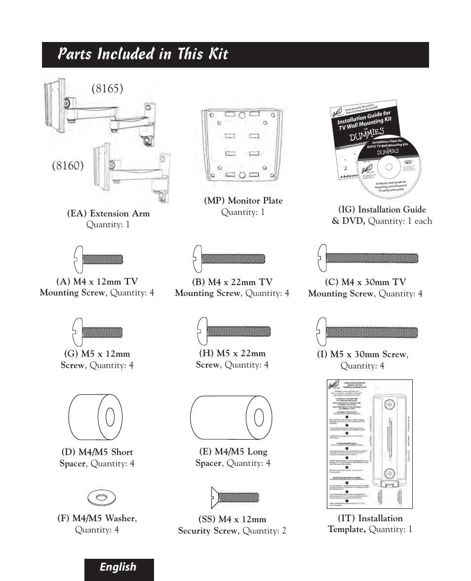 Parts included in this kit, Ea) extension arm quantity: 1 | Bell'O 8160 User Manual | Page 4 / 21