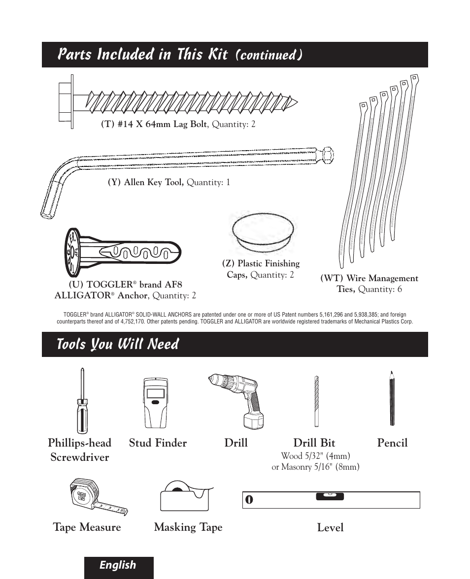 Parts included in this kit, Tools you will need, Continued) | English, Level | Bell'O 8160 User Manual | Page 5 / 21