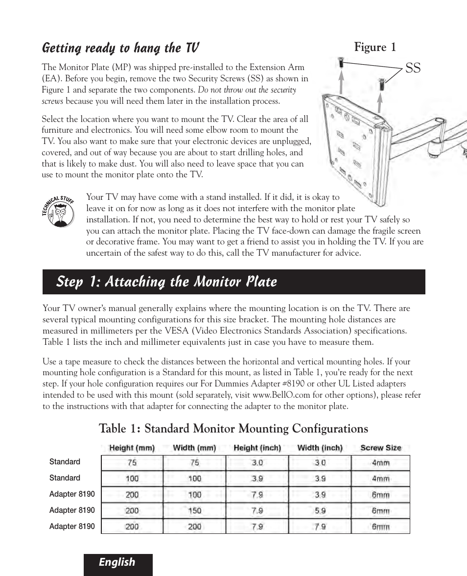 Step 1: attaching the monitor plate, Getting ready to hang the tv, Figure 1 | Table 1: standard monitor mounting configurations, English | Bell'O 8160 User Manual | Page 6 / 21