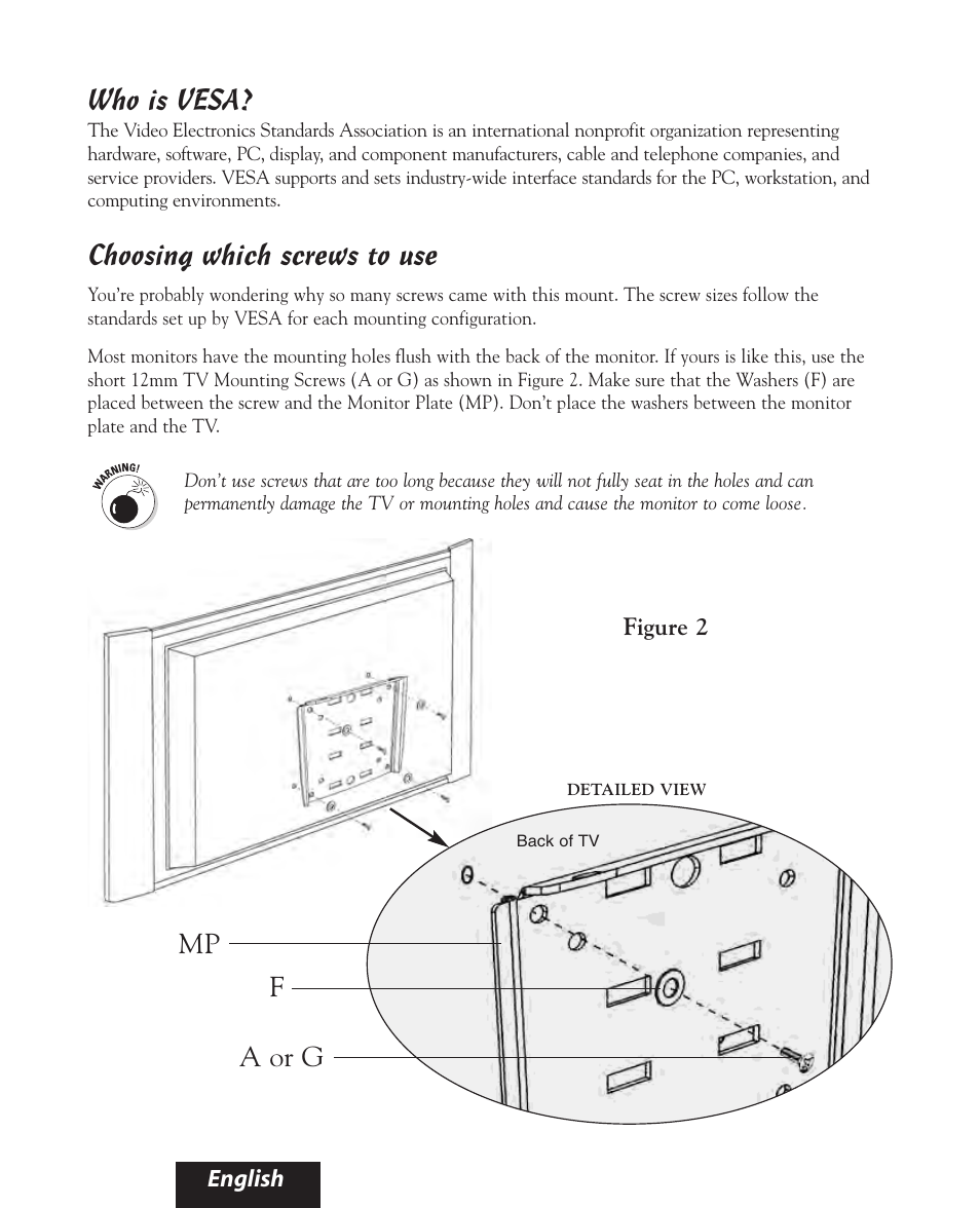 Who is vesa, Choosing which screws to use, Fa or g mp | Bell'O 8160 User Manual | Page 7 / 21