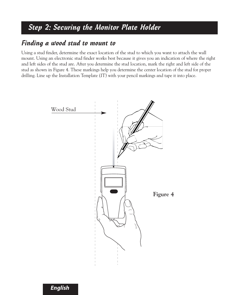 Step 2: securing the monitor plate holder, Finding a wood stud to mount to | Bell'O 8160 User Manual | Page 9 / 21