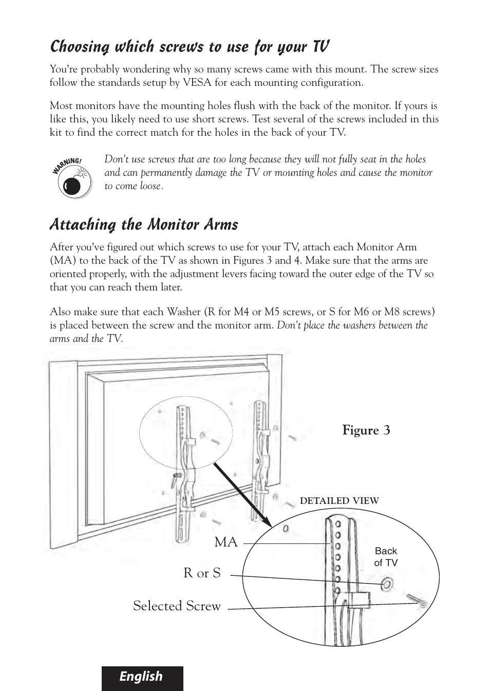 Choosing which screws to use for your tv, Attaching the monitor arms, English | R or s selected screw, Figure 3 ma | Bell'O 8335 User Manual | Page 9 / 23