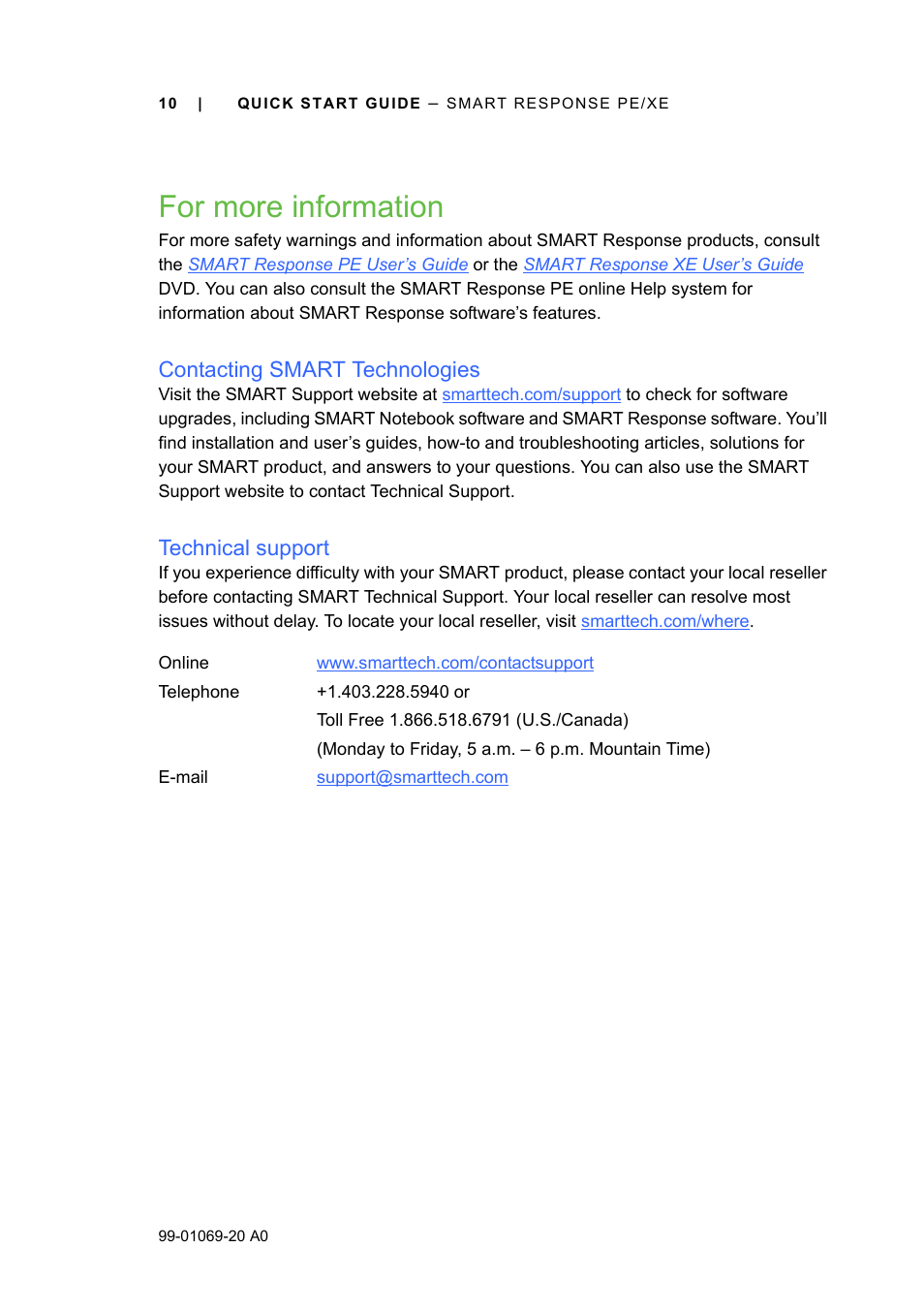 For more information, Contacting smart technologies, Technical support | Smart Technologies SMART Response PE/XE User Manual | Page 10 / 12