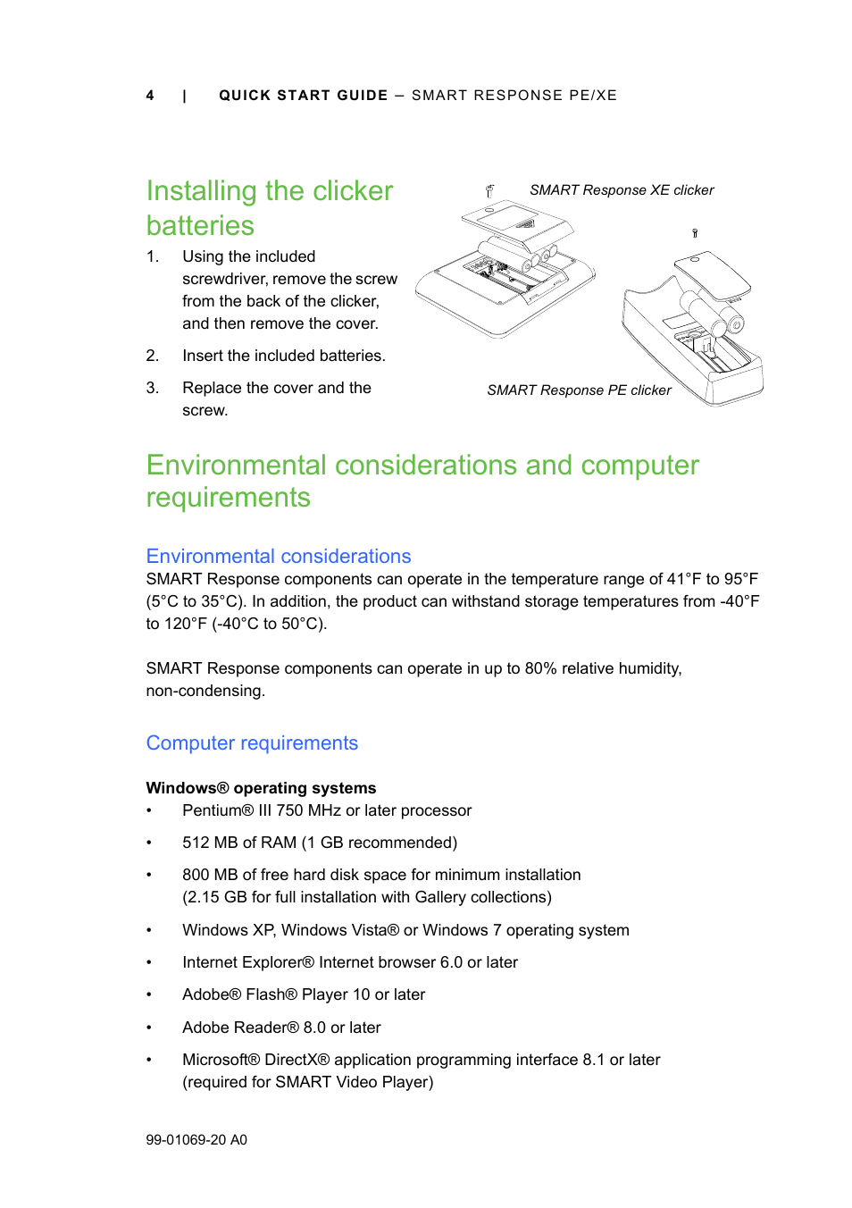 Installing the clicker batteries, Environmental considerations, Computer requirements | Windows® operating systems | Smart Technologies SMART Response PE/XE User Manual | Page 4 / 12