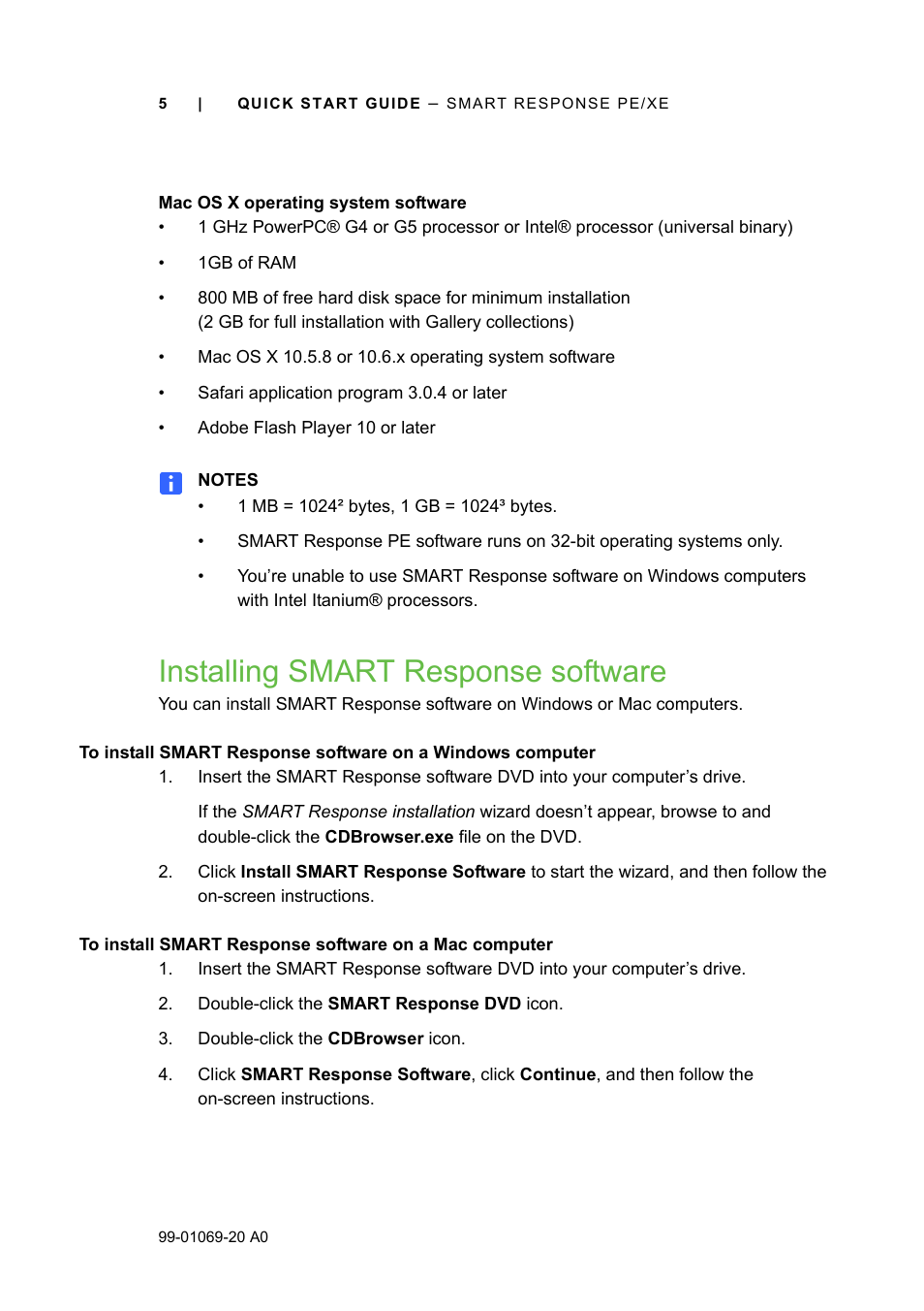 Mac os x operating system software, Installing smart response software | Smart Technologies SMART Response PE/XE User Manual | Page 5 / 12