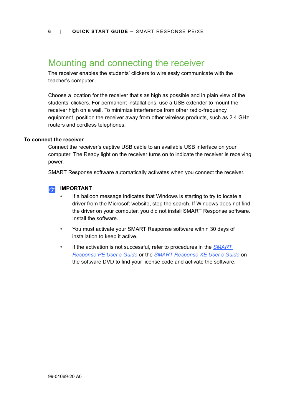 Mounting and connecting the receiver | Smart Technologies SMART Response PE/XE User Manual | Page 6 / 12