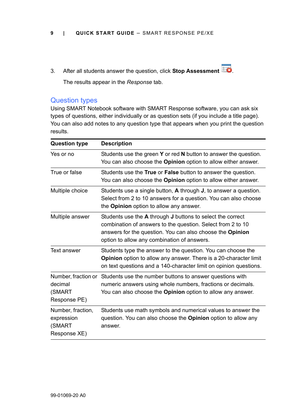 Question types | Smart Technologies SMART Response PE/XE User Manual | Page 9 / 12