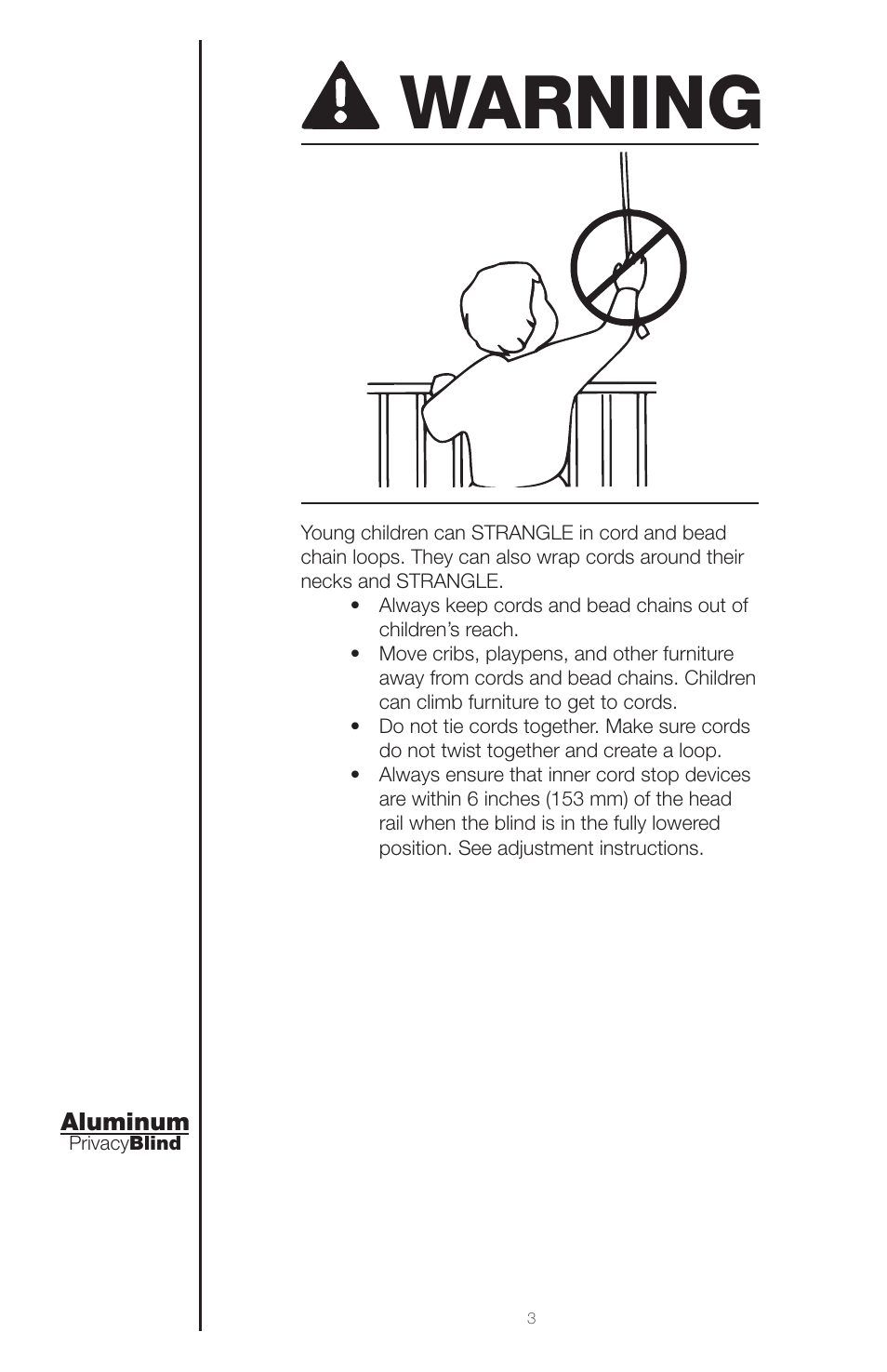 Warning | Blinds Chalet Privacy 1 Mini Blinds User Manual | Page 3 / 9