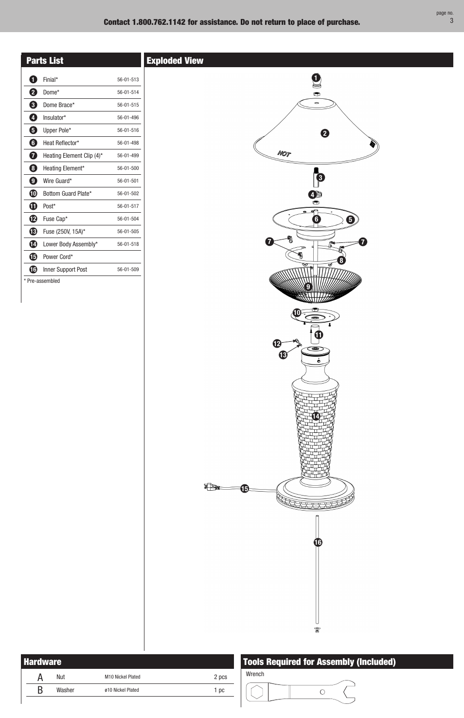 Parts list, Exploded view, Hardware | Tools required for assembly (included) | Blue Rhino EWTR890SP User Manual | Page 3 / 8