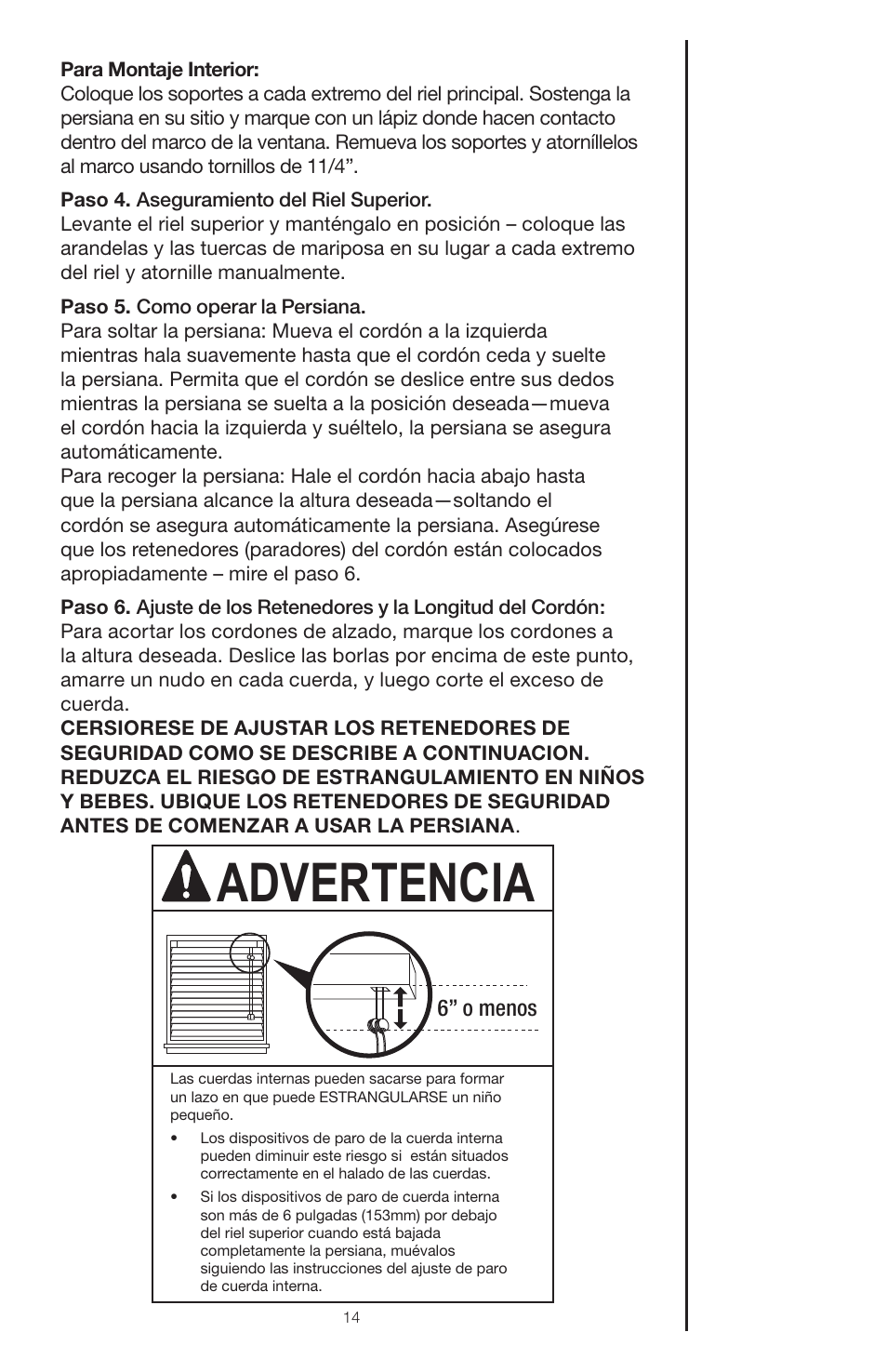 Advertencia | Blinds Chalet Honolua Woven Wood Shades User Manual | Page 14 / 16