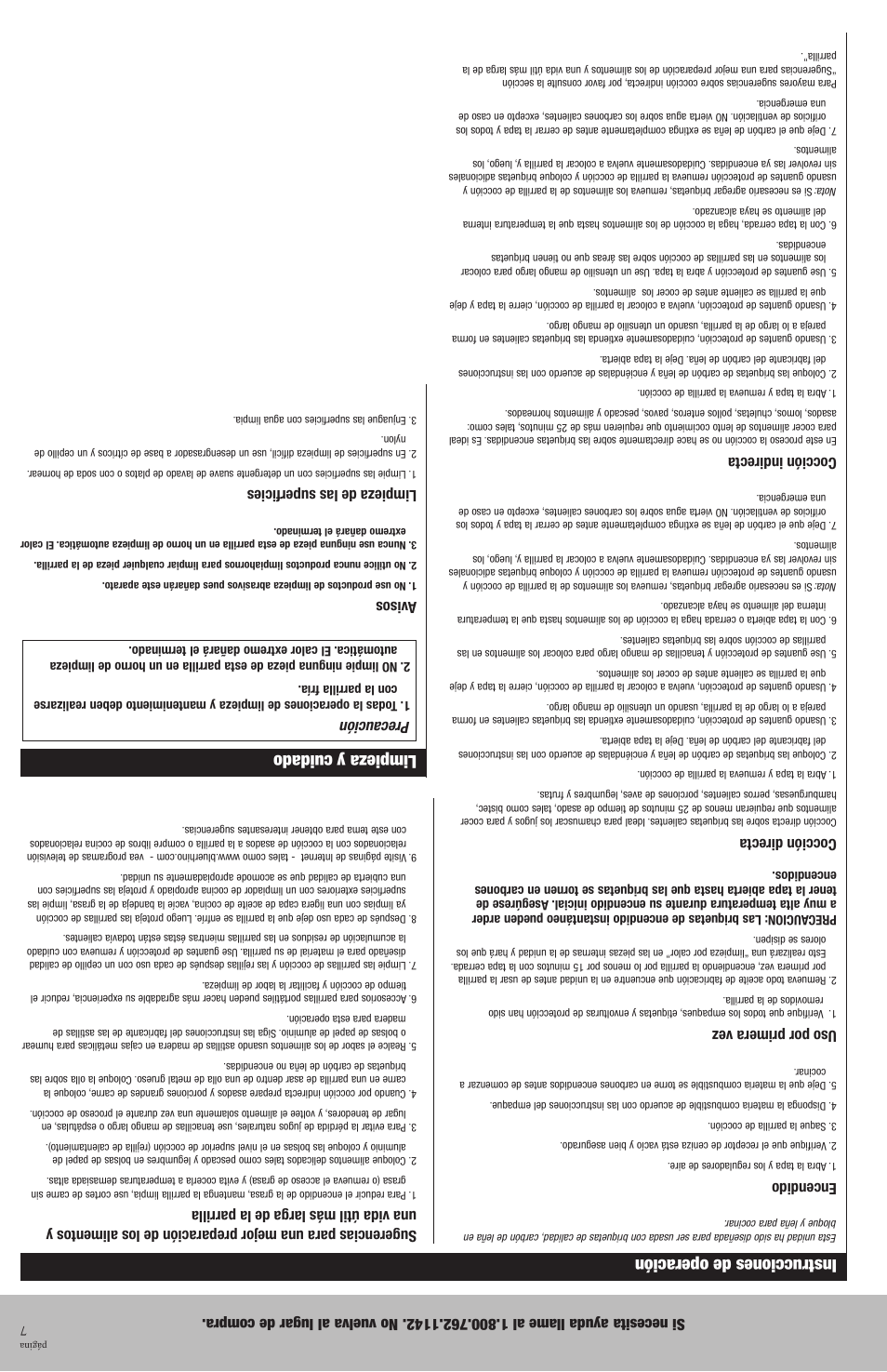 Limpieza y cuidado, Instrucciones de operación, Precaución | Avisos, Limpieza de las superficies, Encendido, Uso por primera vez, Cocción directa, Cocción indirecta | Blue Rhino CBT711W User Manual | Page 10 / 16