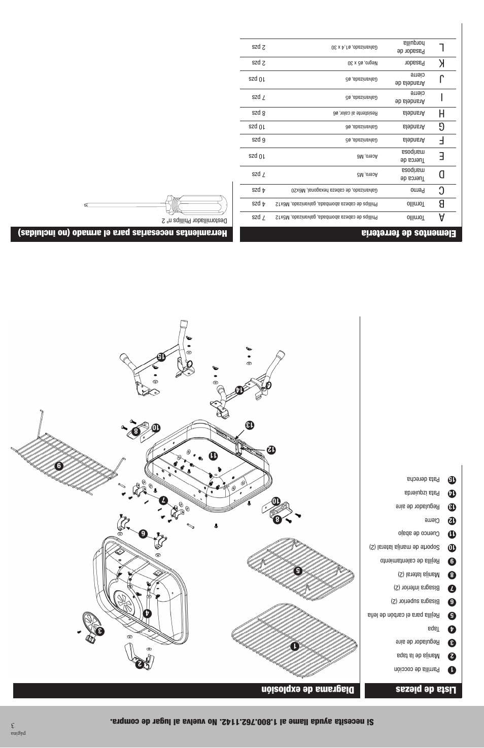 Lista de piezas, Diagrama de explosión, Elementos de ferretería | Blue Rhino CBT711W User Manual | Page 14 / 16