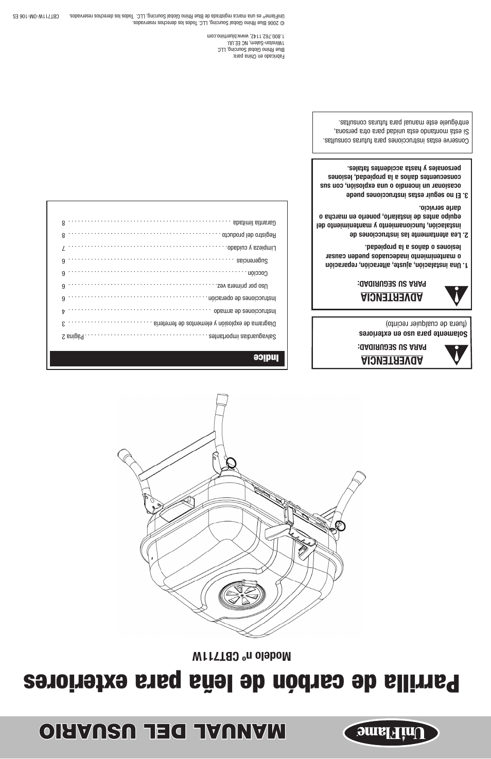 Parrilla de carbón de leña para exteriores, Manual del usuario, Modelo nº cbt711w | Advertencia, Indice | Blue Rhino CBT711W User Manual | Page 16 / 16