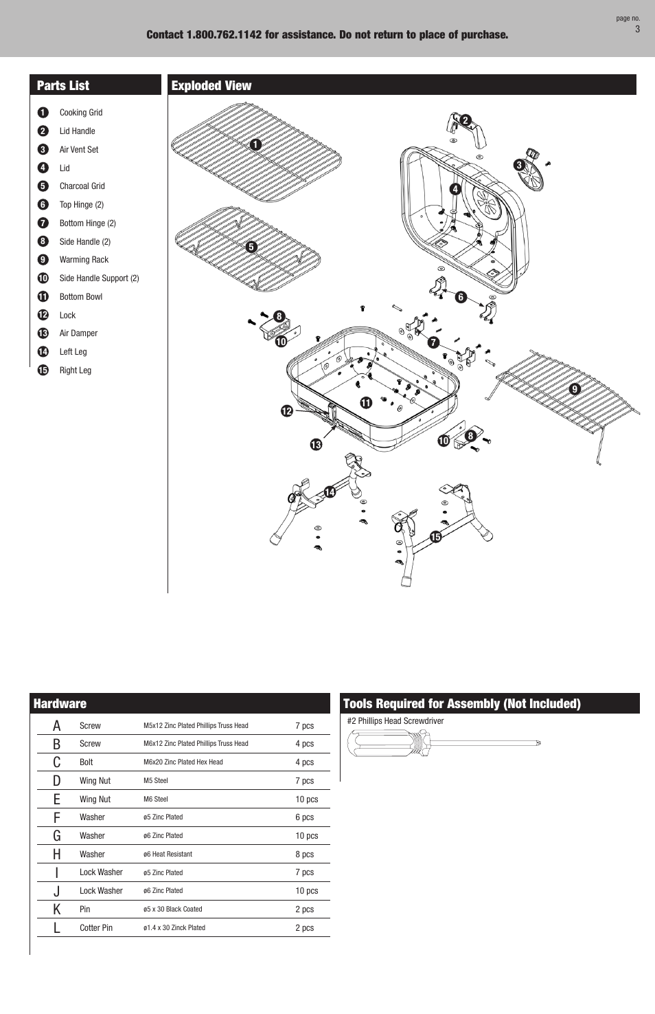 Parts list, Exploded view, Hardware | Tools required for assembly (not included) | Blue Rhino CBT711W User Manual | Page 3 / 16