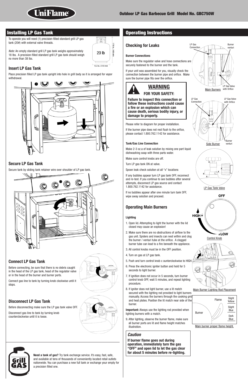 Warning, Operating instructions, Installing lp gas tank | Checking for leaks, Operating main burners, Caution, Insert lp gas tank, Secure lp gas tank, Connect lp gas tank, Disconnect lp gas tank | Blue Rhino GBC750W User Manual | Page 10 / 28