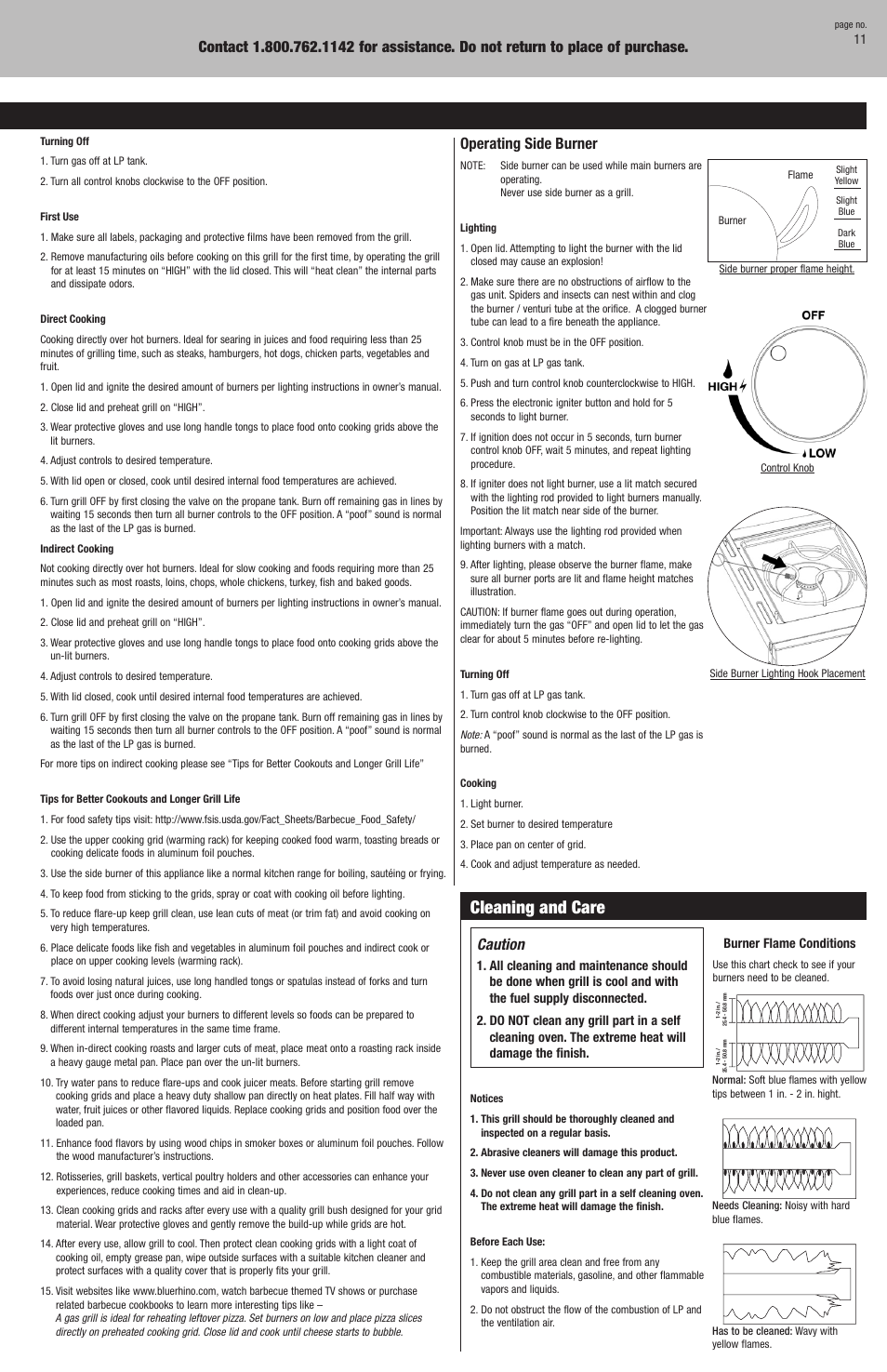 Warning, Operating instructions, Cleaning and care | Checking for leaks, Operating main burners, Caution, Operating side burner | Blue Rhino GBC750W User Manual | Page 11 / 28