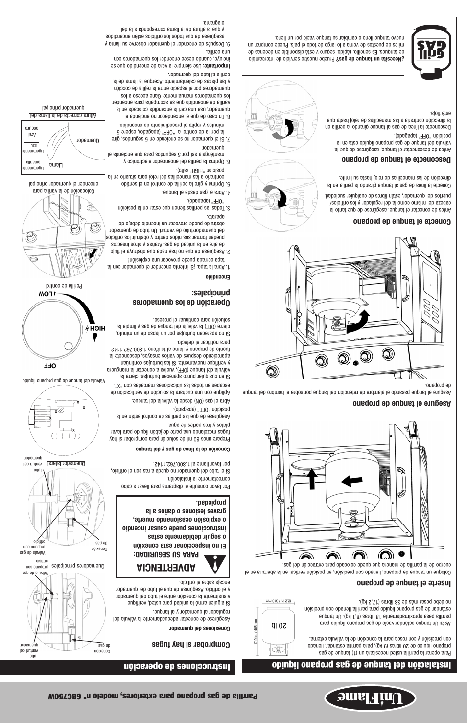 Advertencia, Instrucciones de operación, Instalación del tanque de gas propano líquido | Comprobar si hay fugas, Operación de los quemadores principales, Inserte el tanque de propano, Asegure el tanque de propano, Conecte el tanque de propano, Desconecte el tanque de propano | Blue Rhino GBC750W User Manual | Page 19 / 28