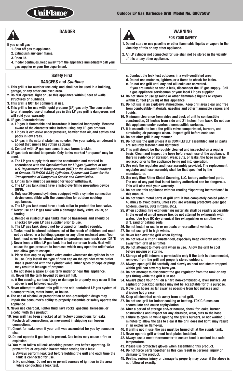 Danger, Warning, Safety first dangers and cautions | Blue Rhino GBC750W User Manual | Page 2 / 28