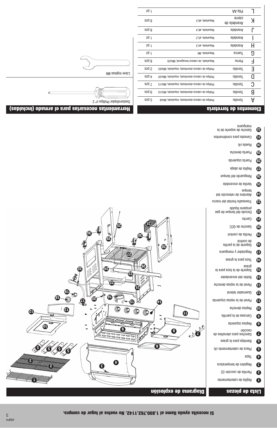 Lista de piezas, Diagrama de explosión elementos de ferretería, Herramientas necesarias para el armado (incluidas) | Blue Rhino GBC750W User Manual | Page 26 / 28