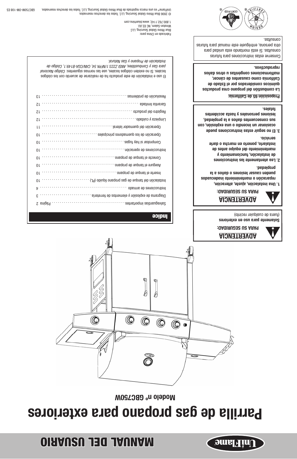 Parrilla de gas propano para e xteriores, Manual del usu ario, Modelo nº gbc750w | Advertencia, Indice | Blue Rhino GBC750W User Manual | Page 28 / 28