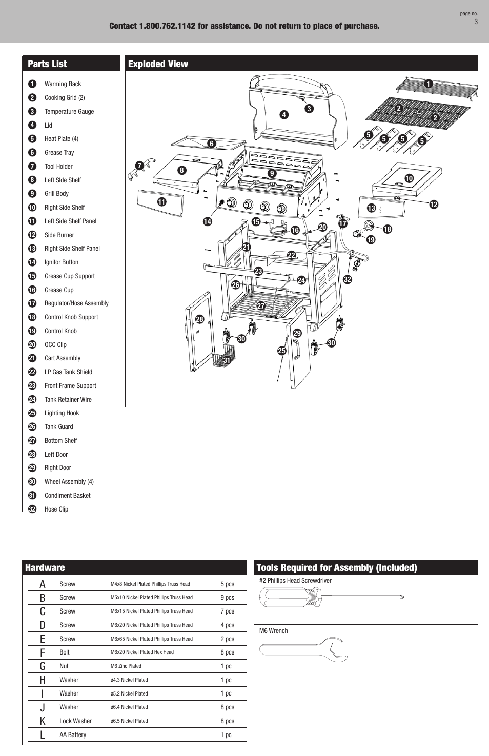 Hardware, Tools required for assembly (included), Parts list | Exploded view | Blue Rhino GBC750W User Manual | Page 3 / 28