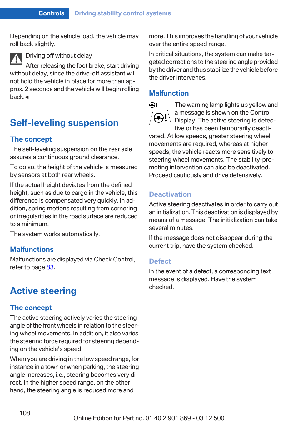 Self-leveling suspension, Active steering | BMW 2013 X5 User Manual | Page 108 / 339