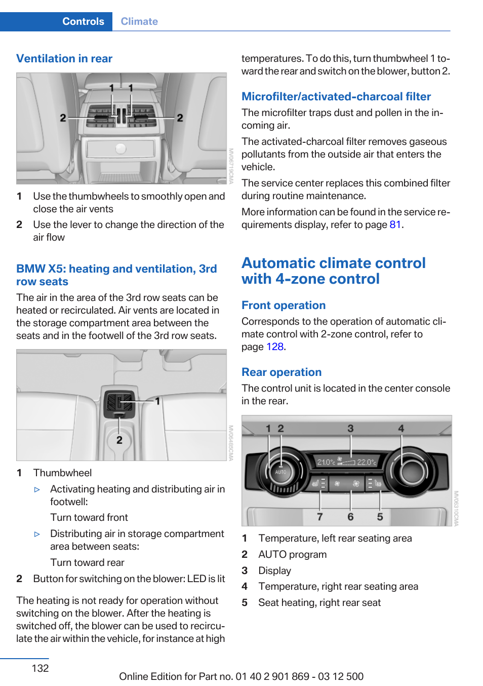 Automatic climate control with 4-zone control, Trol | BMW 2013 X5 User Manual | Page 132 / 339