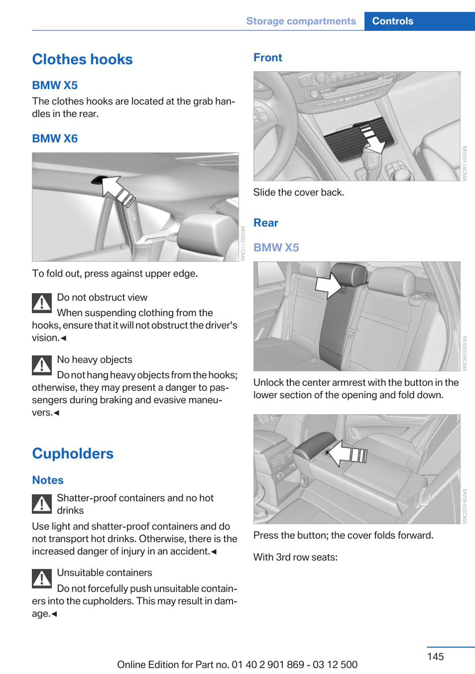 Clothes hooks, Cupholders | BMW 2013 X5 User Manual | Page 145 / 339