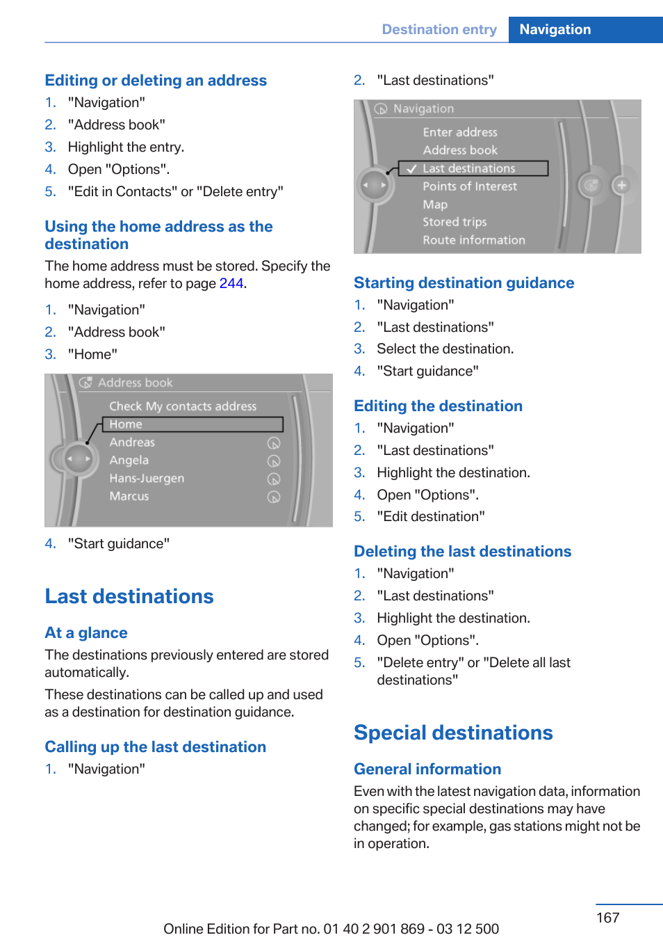 Last destinations, Special destinations | BMW 2013 X5 User Manual | Page 167 / 339