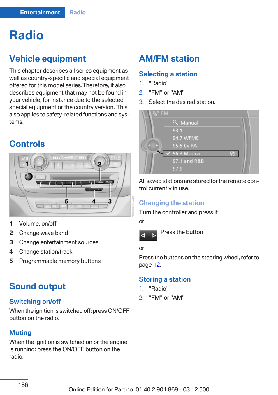 Radio, Vehicle equipment, Controls | Sound output, Am/fm station | BMW 2013 X5 User Manual | Page 186 / 339