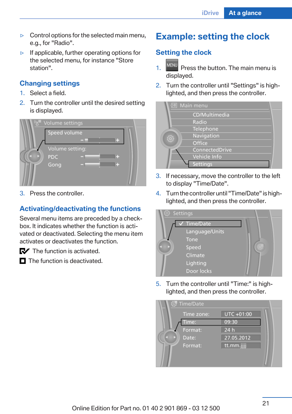 Example: setting the clock | BMW 2013 X5 User Manual | Page 21 / 339