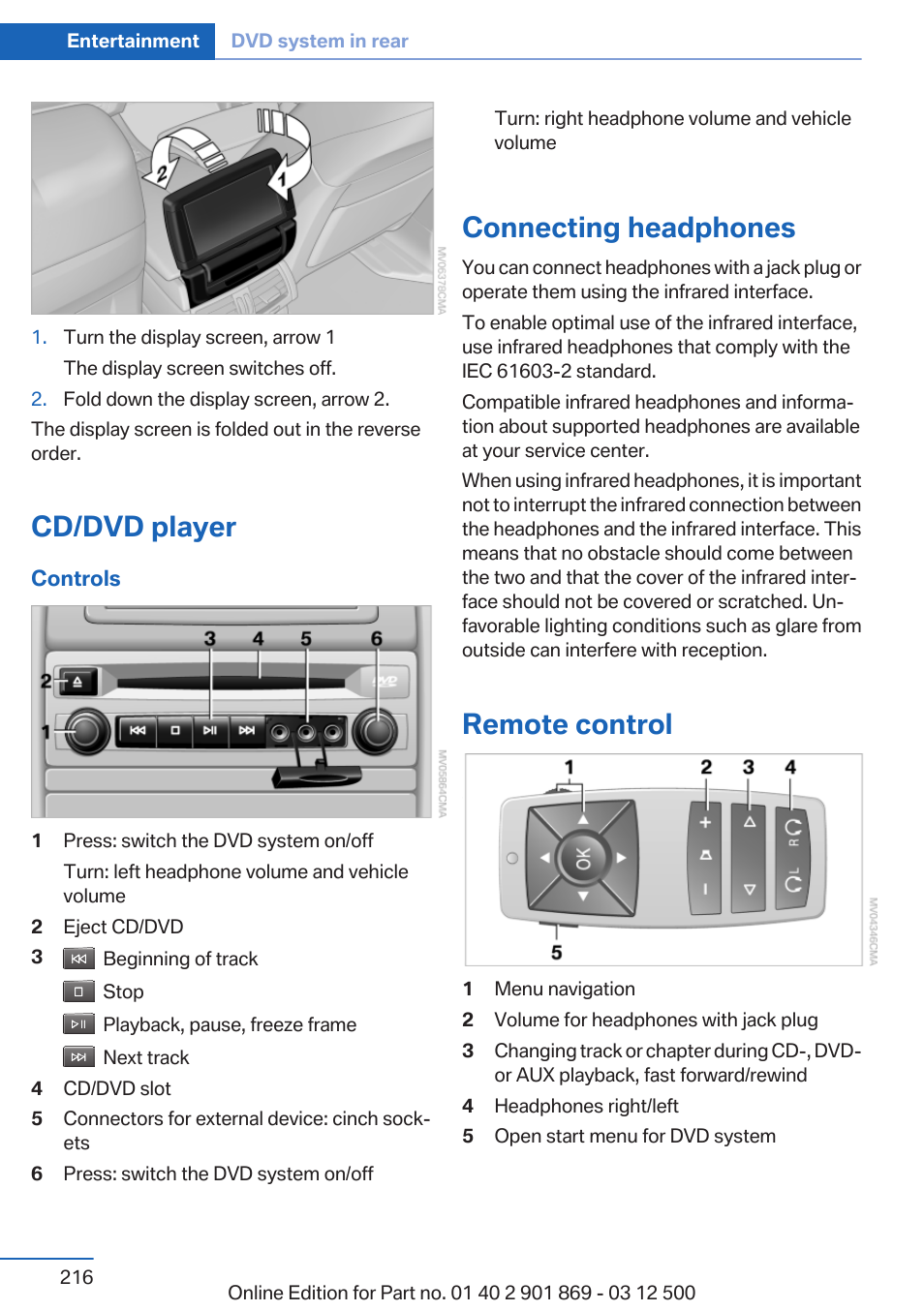 Cd/dvd player, Connecting headphones, Remote control | BMW 2013 X5 User Manual | Page 216 / 339