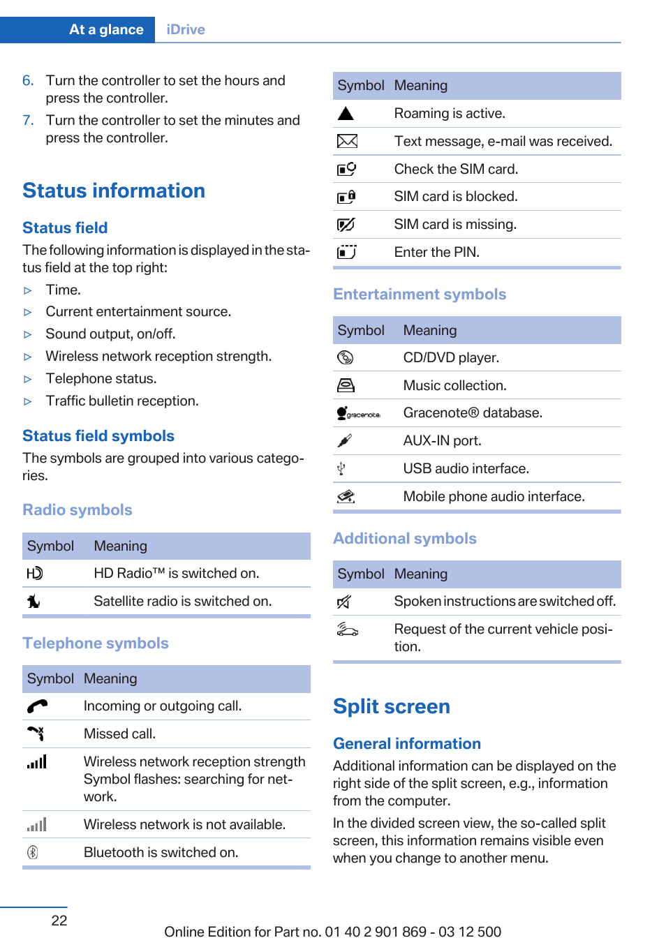 Status information, Split screen | BMW 2013 X5 User Manual | Page 22 / 339