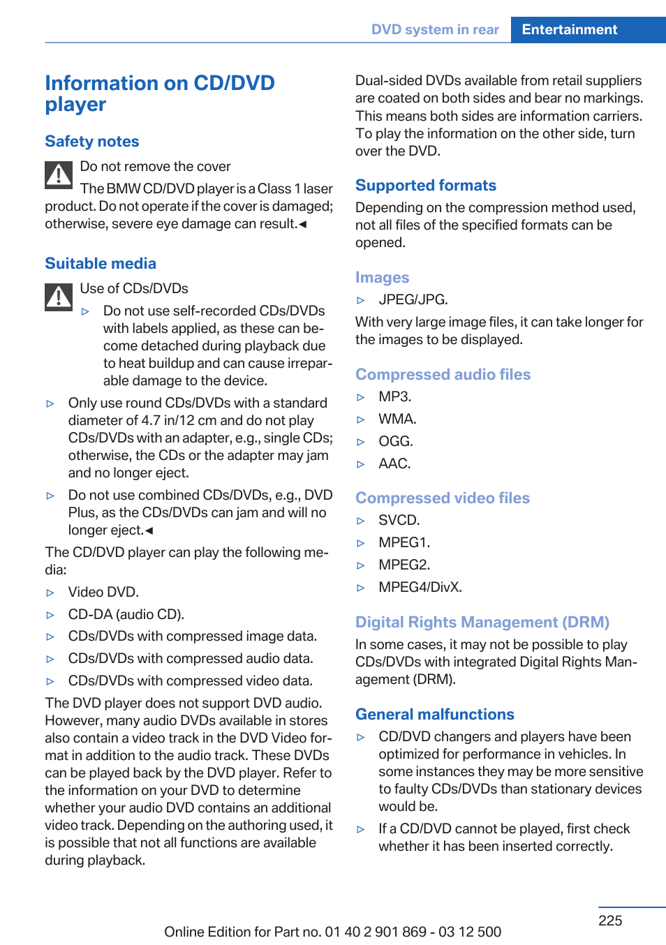 Information on cd/dvd player | BMW 2013 X5 User Manual | Page 225 / 339