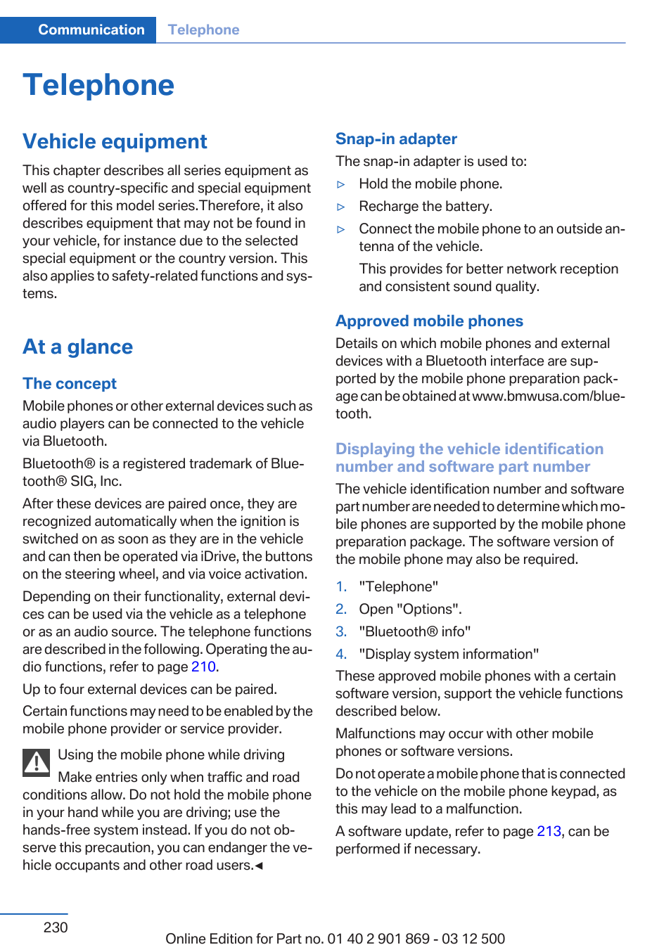 Telephone, Vehicle equipment, At a glance | BMW 2013 X5 User Manual | Page 230 / 339