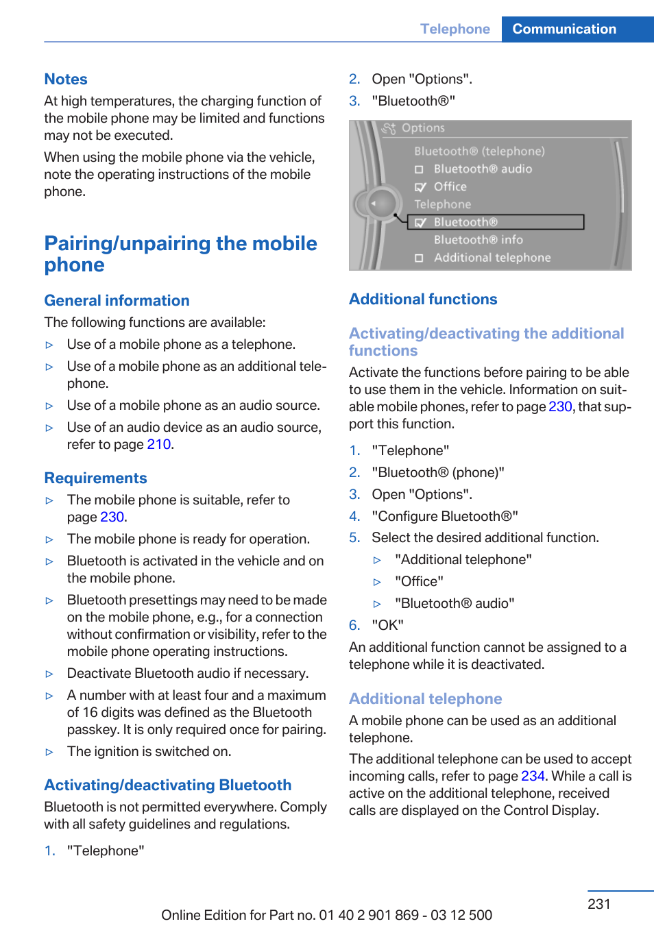 Pairing/unpairing the mobile phone, And on the device | BMW 2013 X5 User Manual | Page 231 / 339