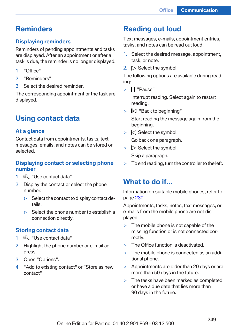 Reminders, Using contact data, Reading out loud | What to do if | BMW 2013 X5 User Manual | Page 249 / 339