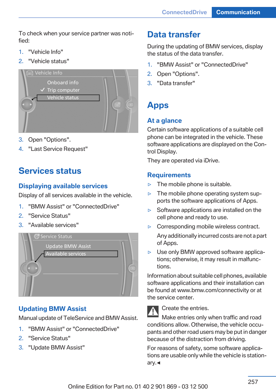 Services status, Data transfer, Apps | BMW 2013 X5 User Manual | Page 257 / 339