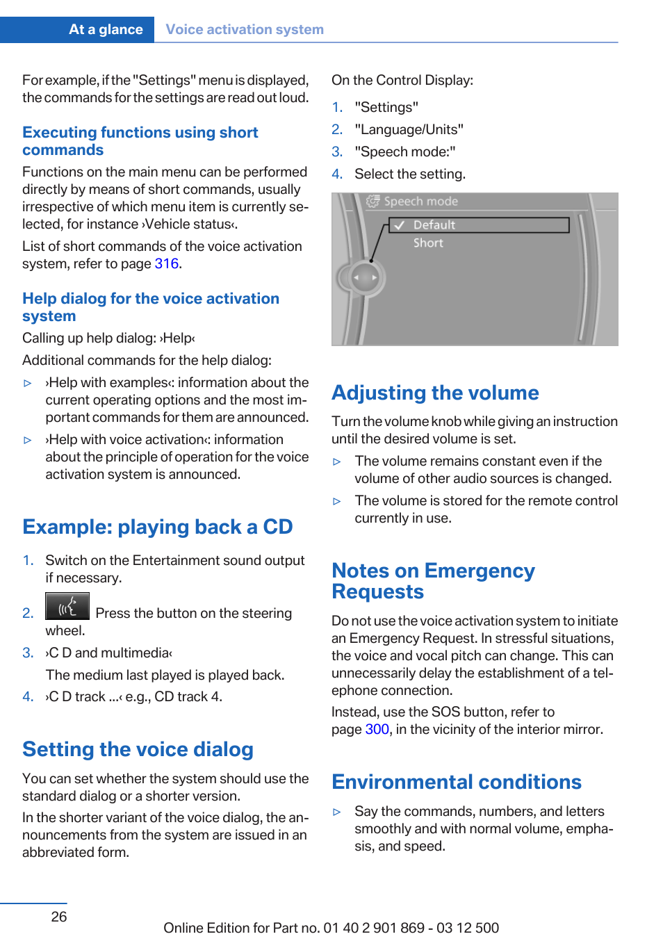 Example: playing back a cd, Setting the voice dialog, Adjusting the volume | Notes on emergency requests, Environmental conditions | BMW 2013 X5 User Manual | Page 26 / 339