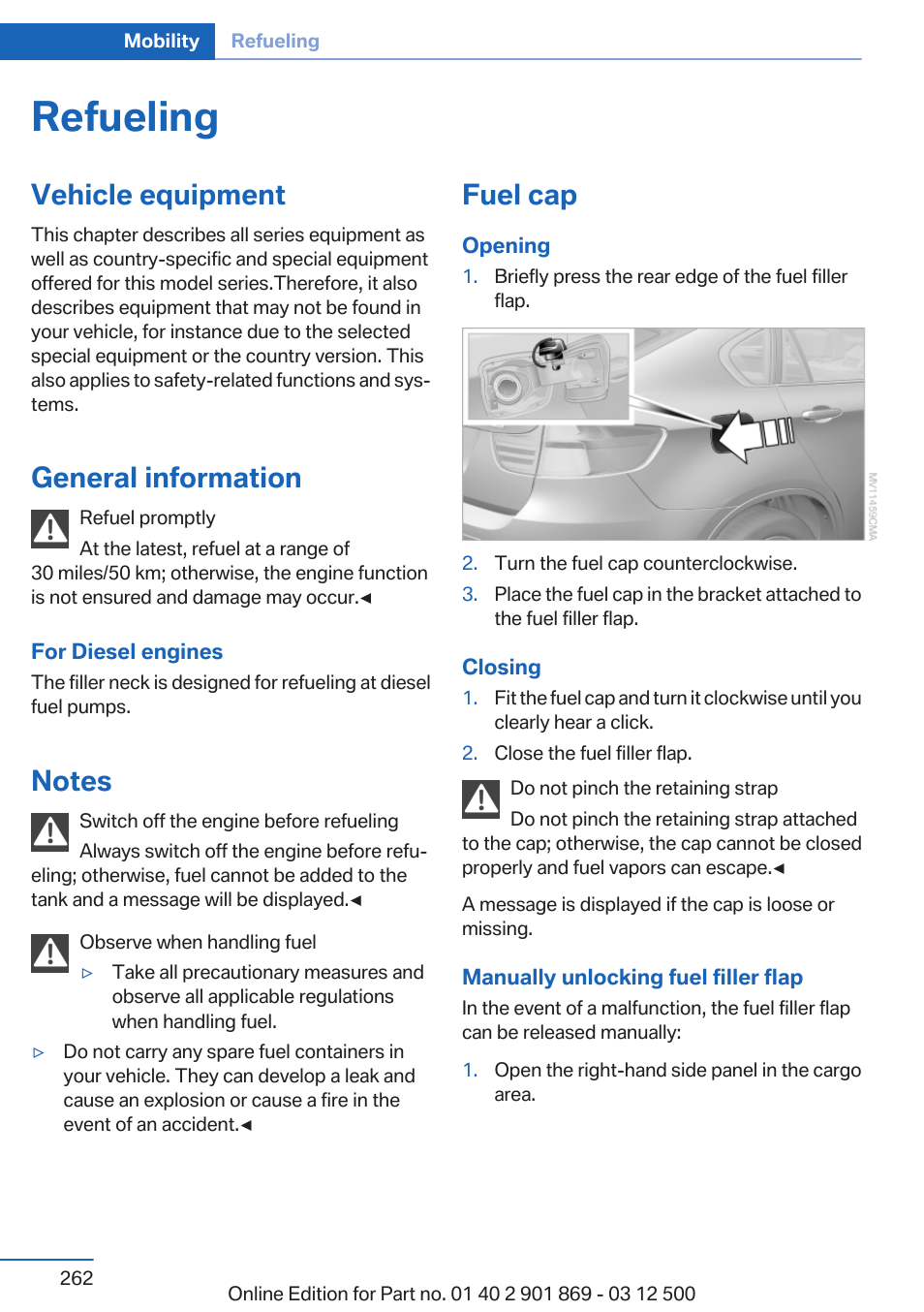 Refueling, Vehicle equipment, General information | Notes, Fuel cap | BMW 2013 X5 User Manual | Page 262 / 339