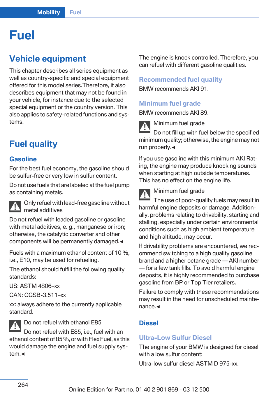 Fuel, Vehicle equipment, Fuel quality | BMW 2013 X5 User Manual | Page 264 / 339