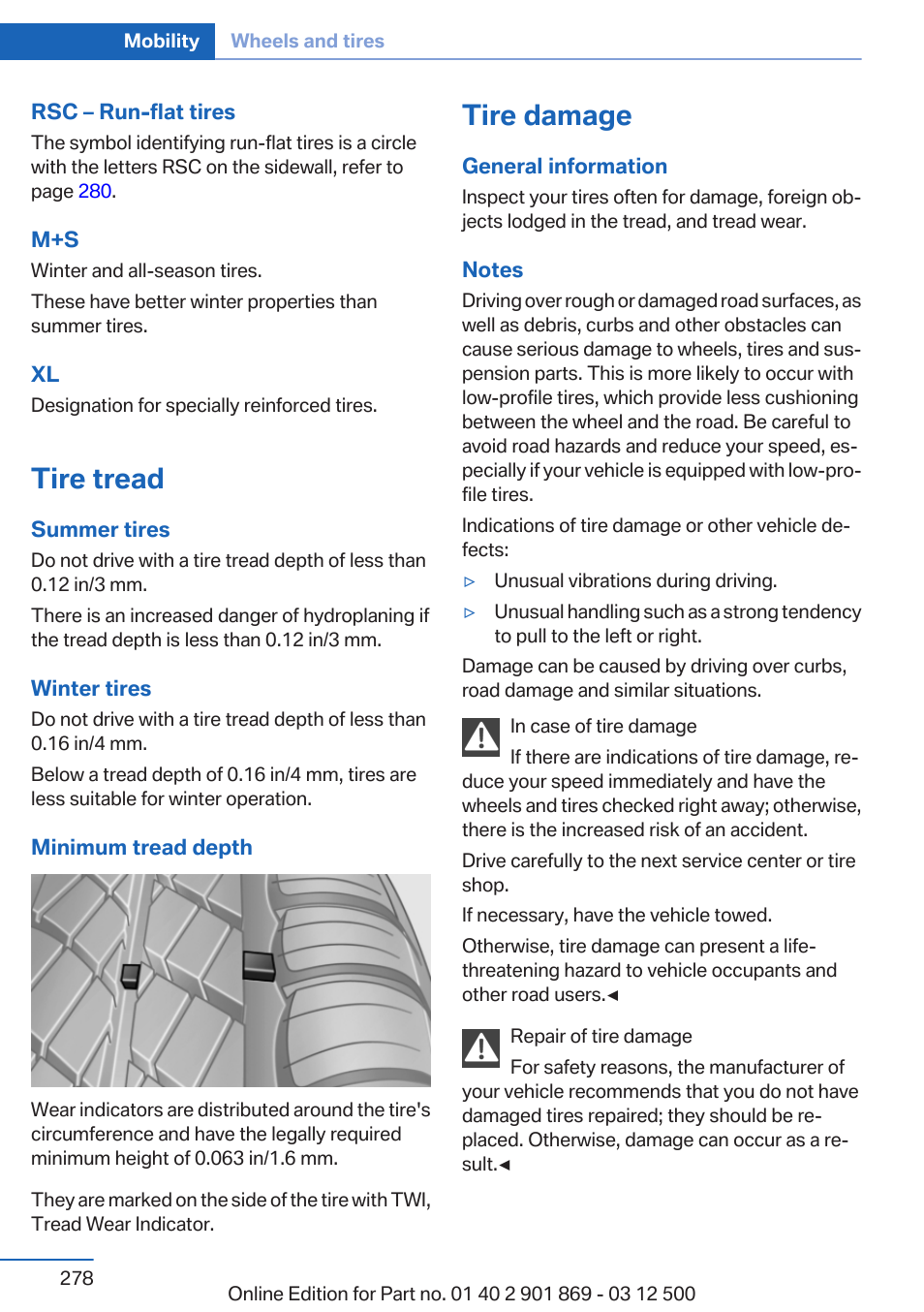 Tire tread, Tire damage | BMW 2013 X5 User Manual | Page 278 / 339