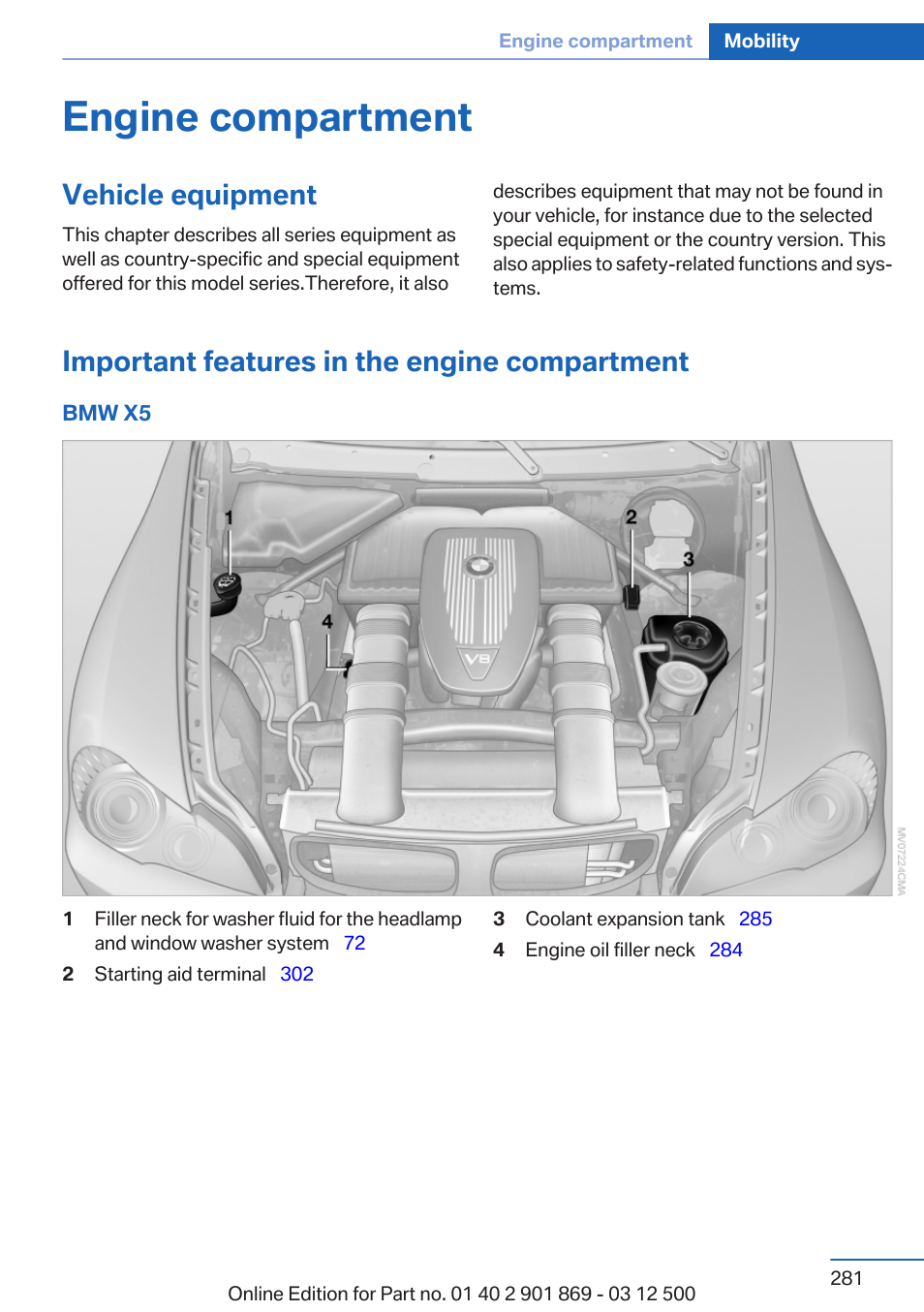 Engine compartment, Vehicle equipment, Important features in the engine compartment | BMW 2013 X5 User Manual | Page 281 / 339