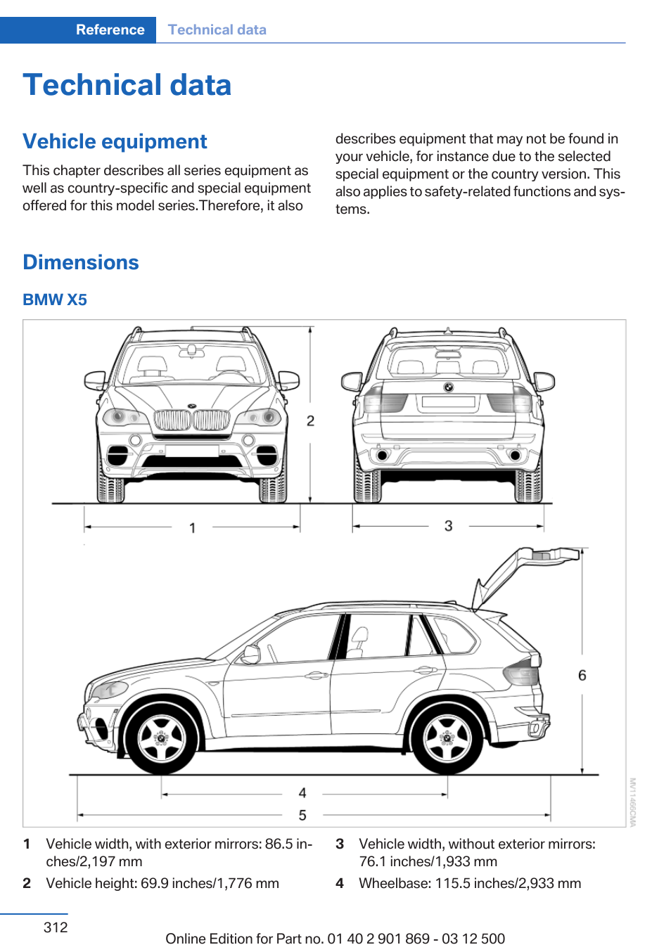 Technical data, Vehicle equipment, Dimensions | BMW 2013 X5 User Manual | Page 312 / 339